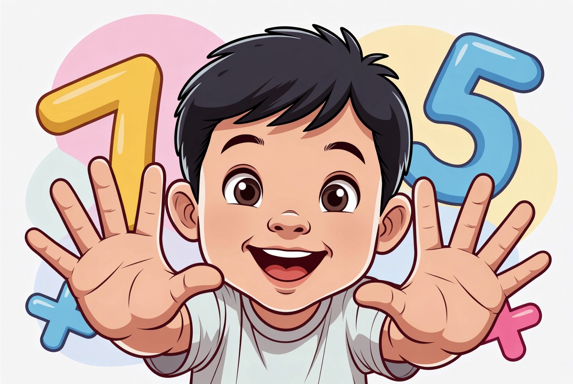 Child using a finger counting trick to solve 7 times table multiplication problems