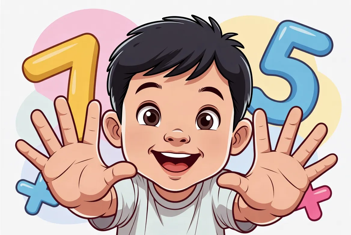 Child using a finger counting trick to solve 7 times table multiplication problems