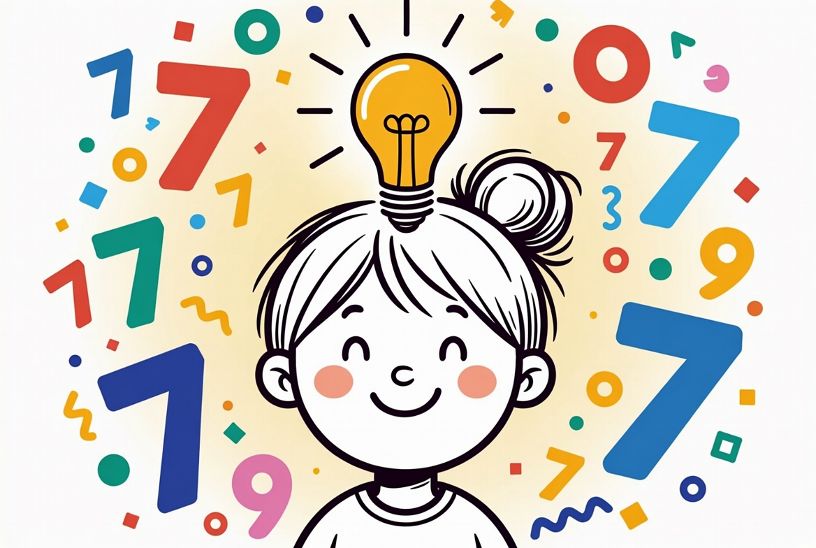 Child confidently practicing the 7 times table with colorful tools and visual aids