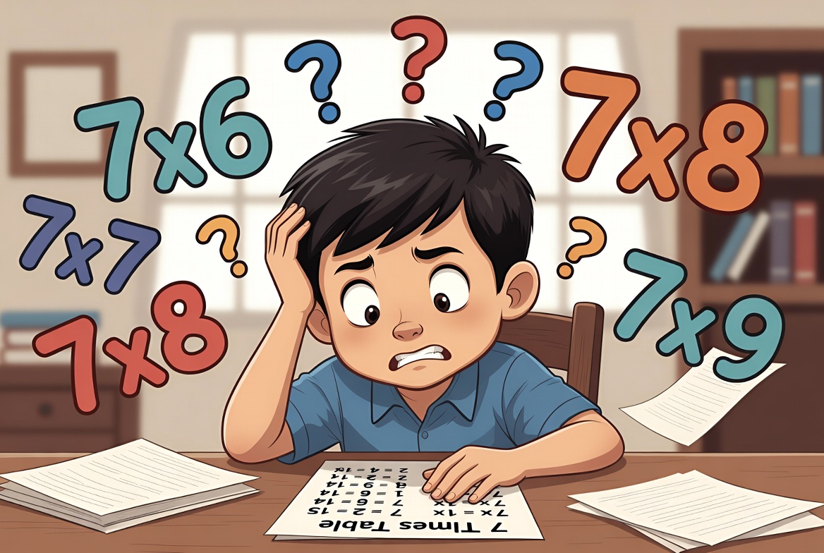 Child looking frustrated while trying to memorize the 7 times table at a desk