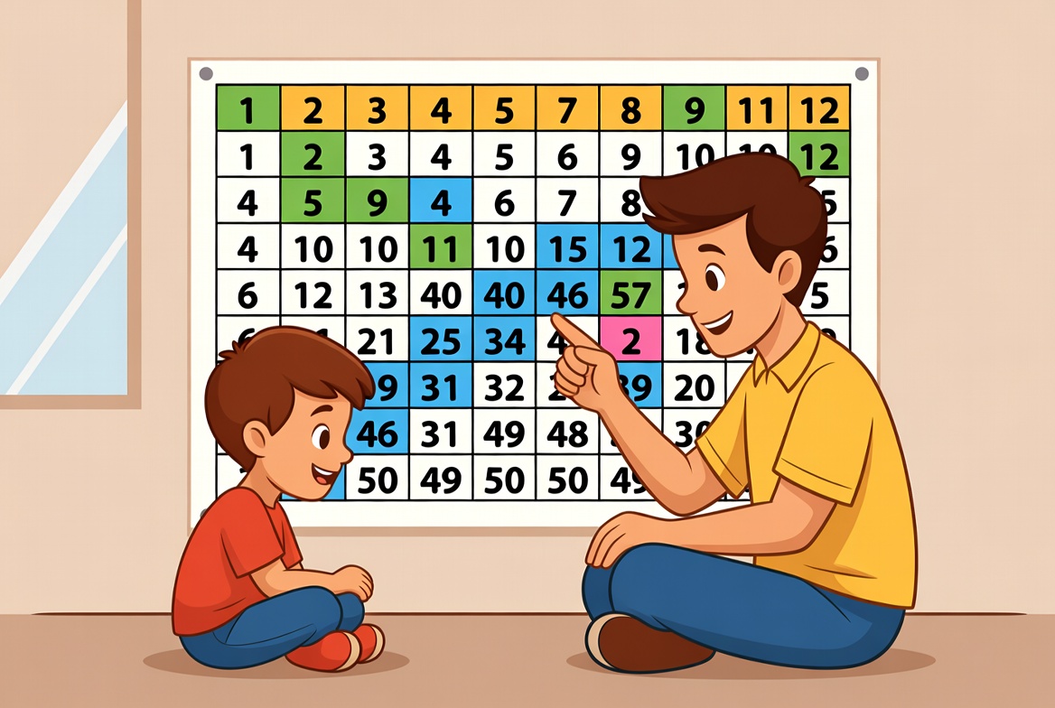 Parent and child working together on times tables practice in a calm, encouraging environment