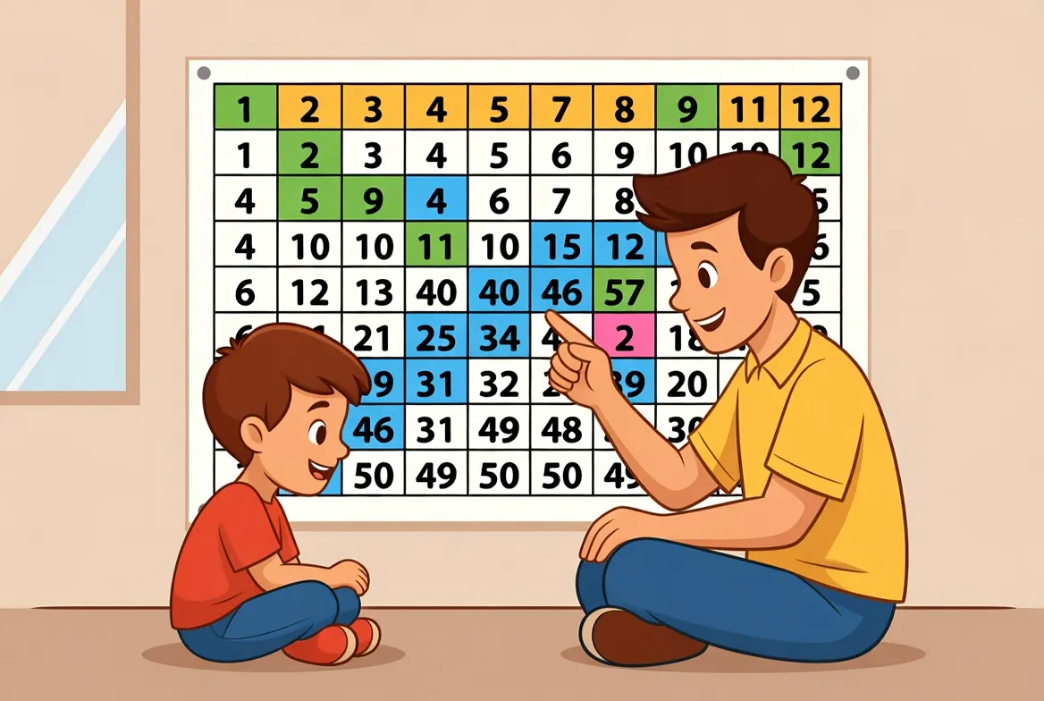 Parent and child working together on times tables practice in a calm, encouraging environment