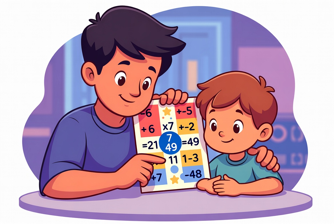 Parent sitting beside their child, patiently helping them understand the 7 times table
