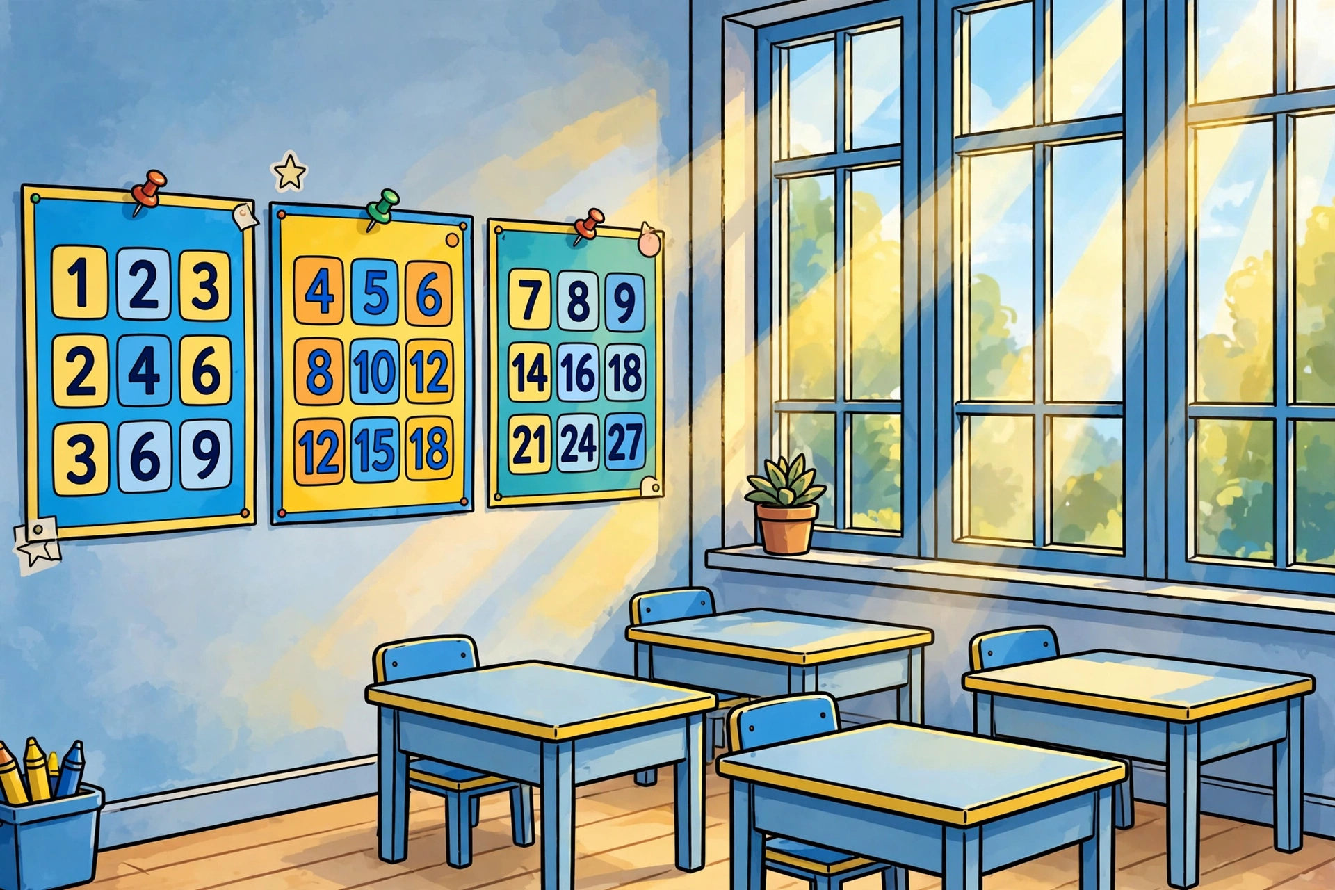 3rd grade classroom multiplication poster on the wall
