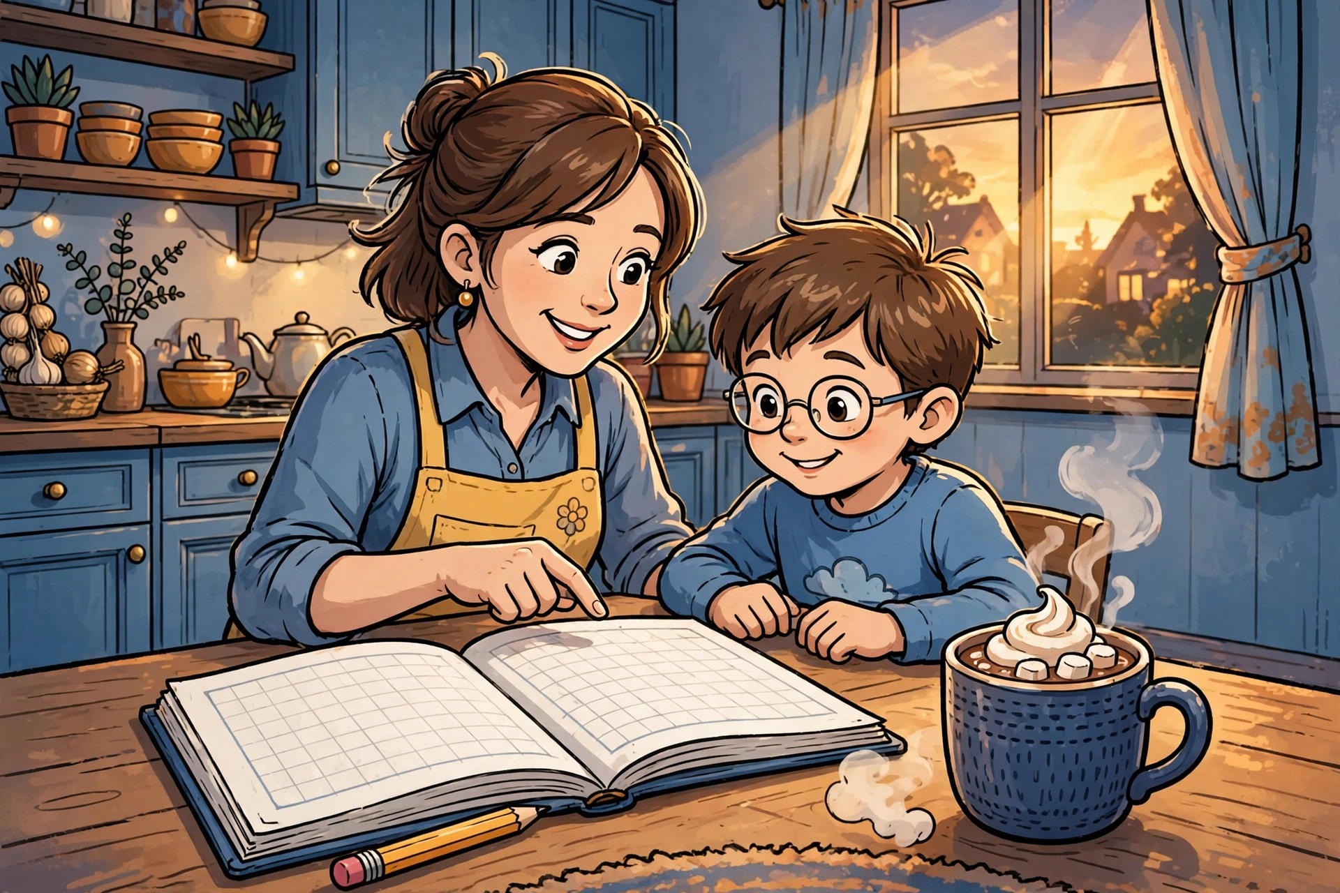 Parent helping 3rd grader with multiplication homework at the kitchen table