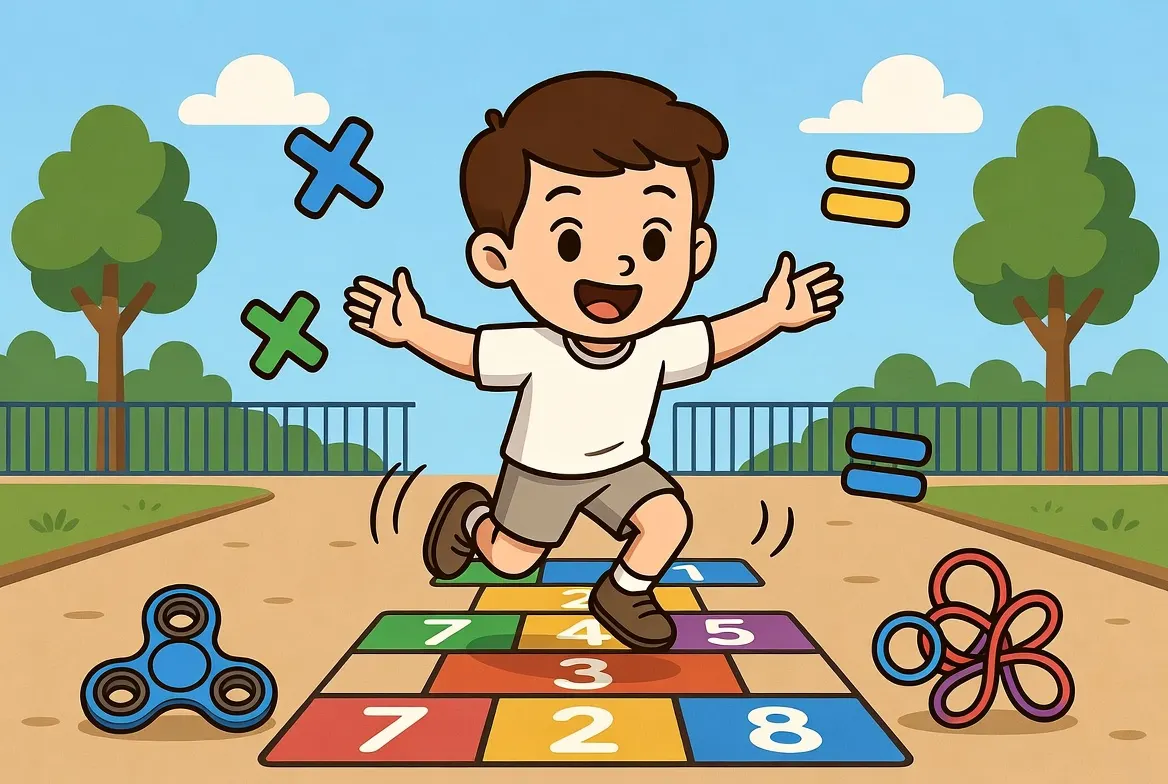 Active kids jumping and moving while practicing times tables