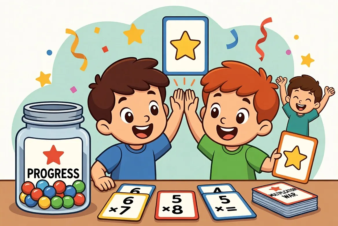 Excited child celebrating 5-star rating on multiplication progress chart