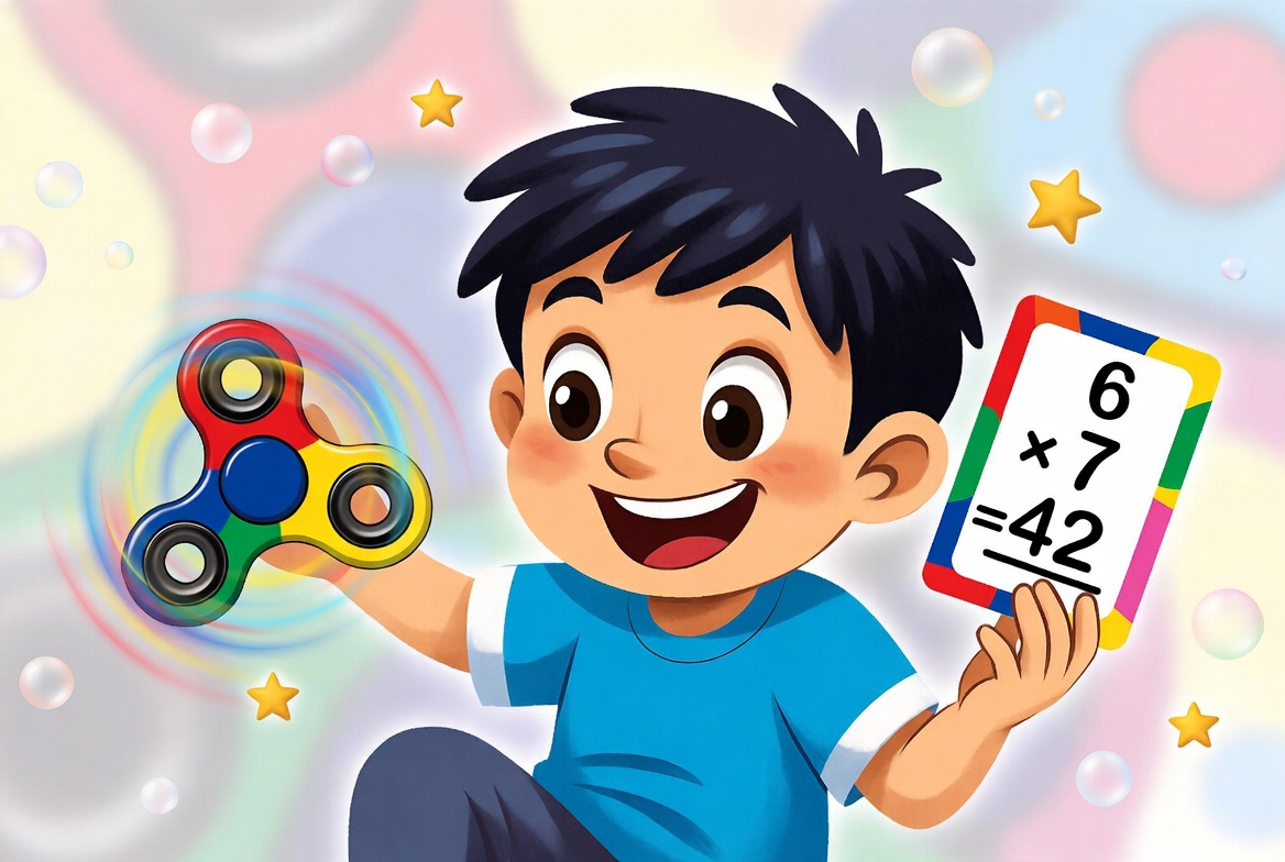 Child with fidget toy focused on multiplication flashcards during short practice session