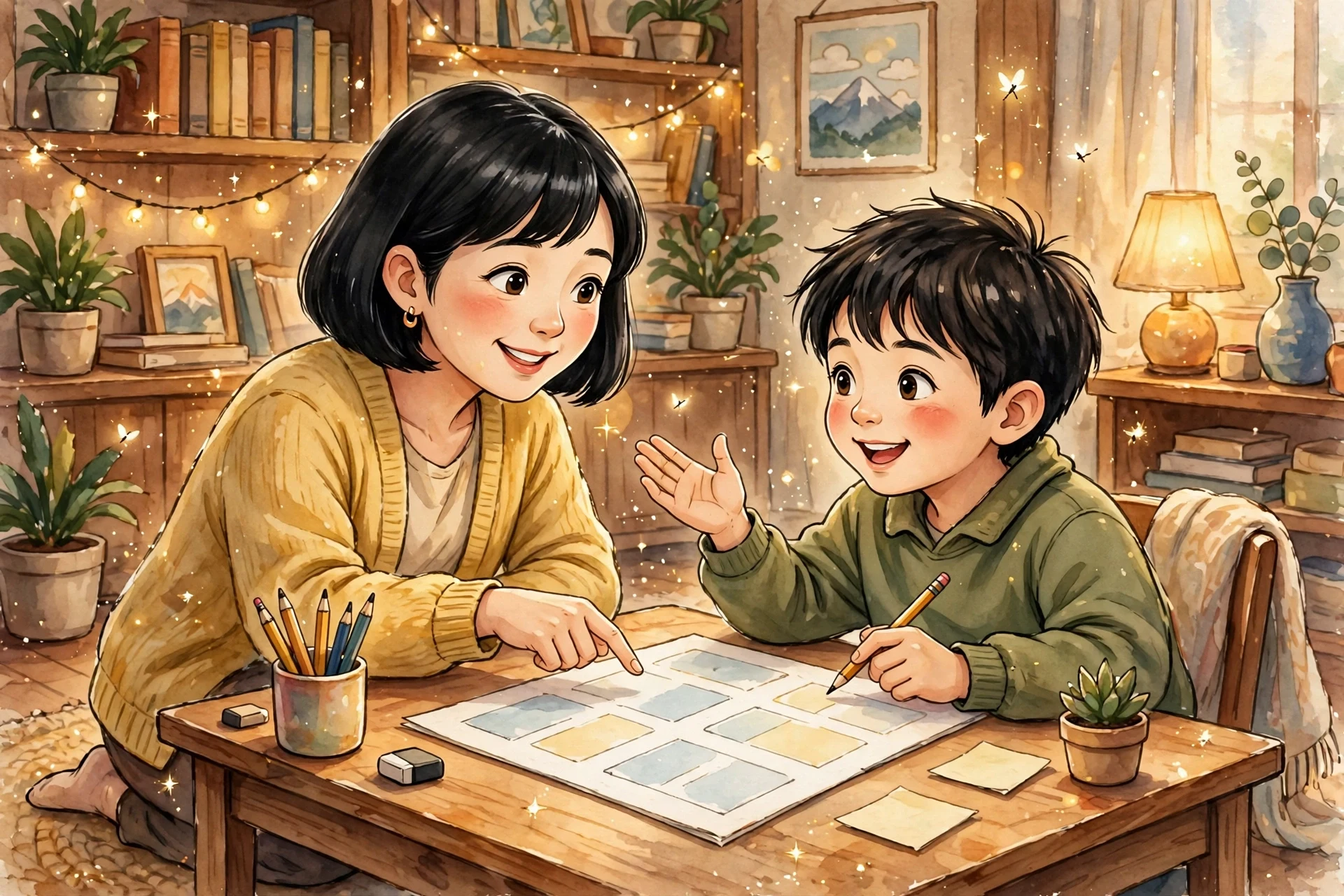 A parent sitting with a child at the homework table, asking questions instead of giving the answer directly