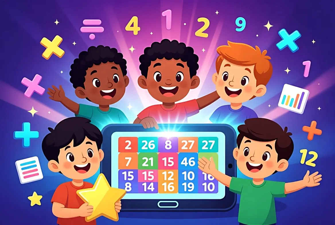 Colourful classroom scene of kids learning times tables