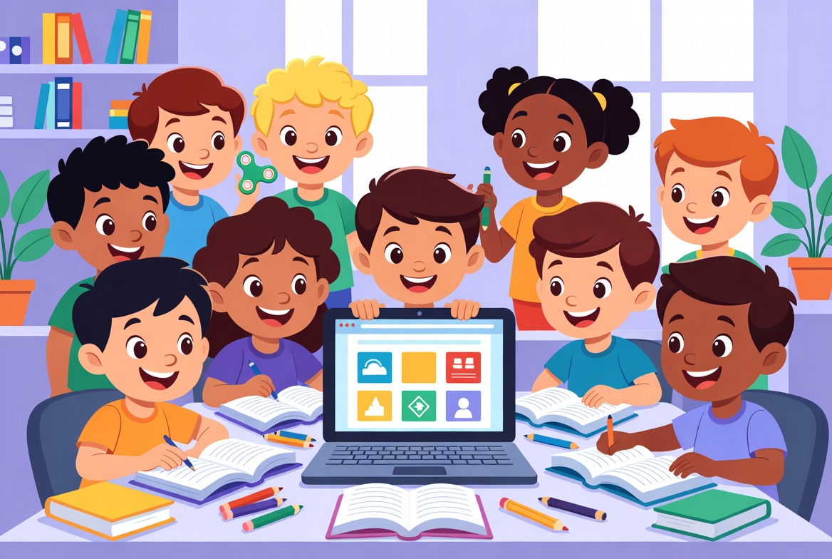 Clean, calm, distraction-free learning space with a tablet showing an ad-free math website. Minimal desk setup with soft lighting, no clutter.