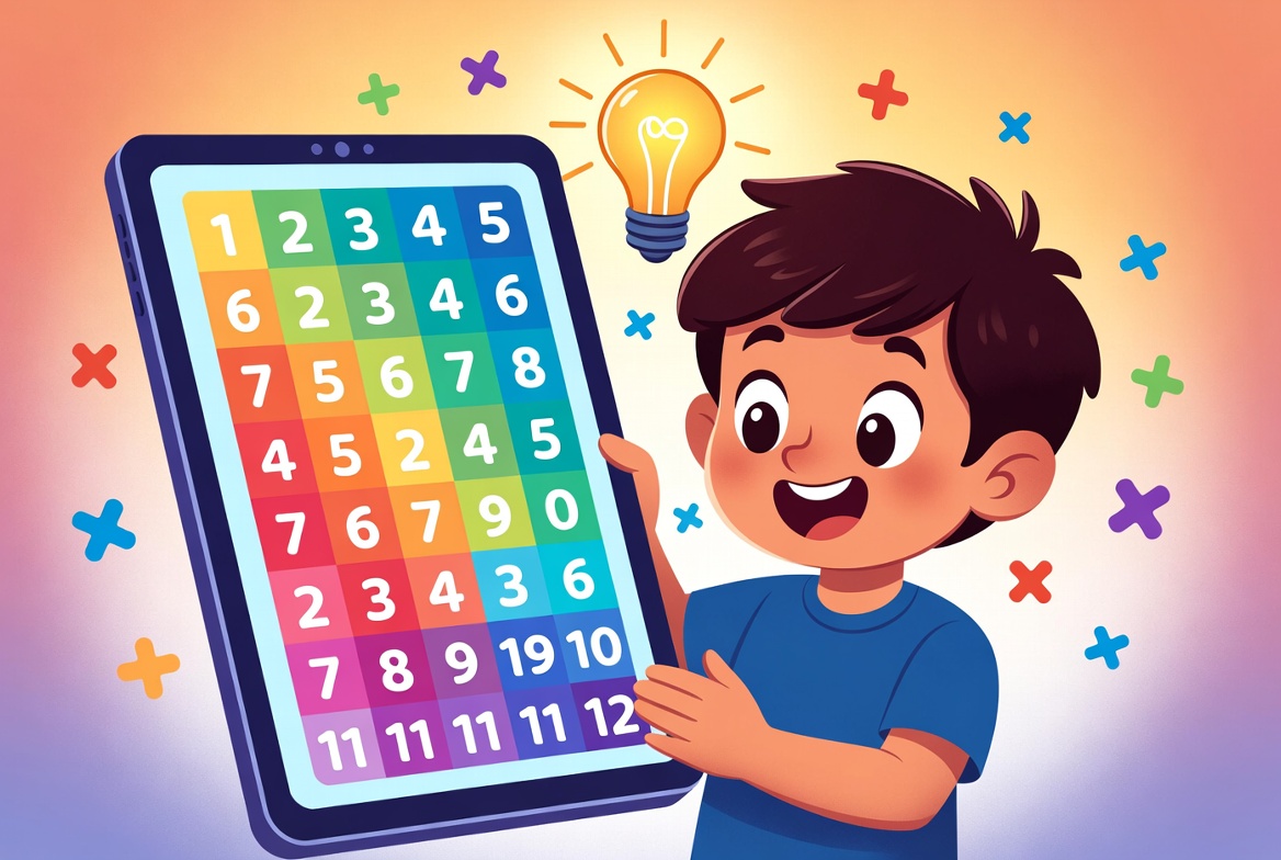 Color-coded times tables grid showing each multiplication table in its own vibrant color