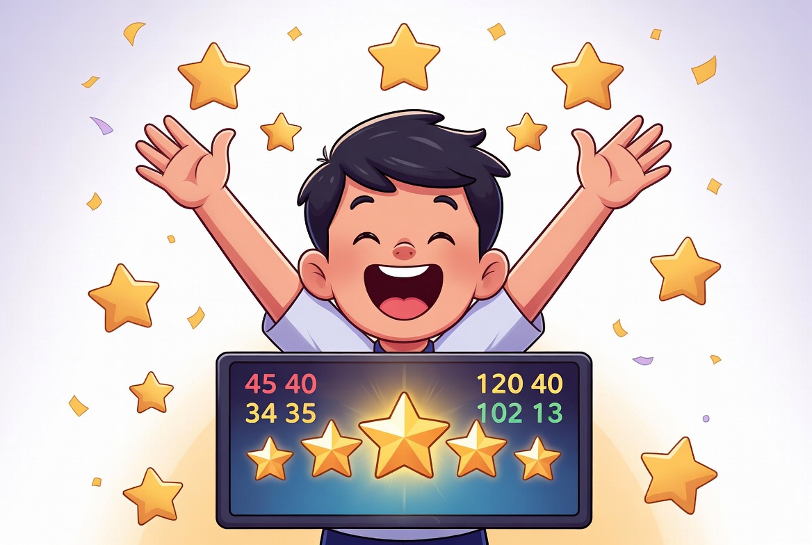 Happy child confidently completing a color-coded times tables quiz with a big smile