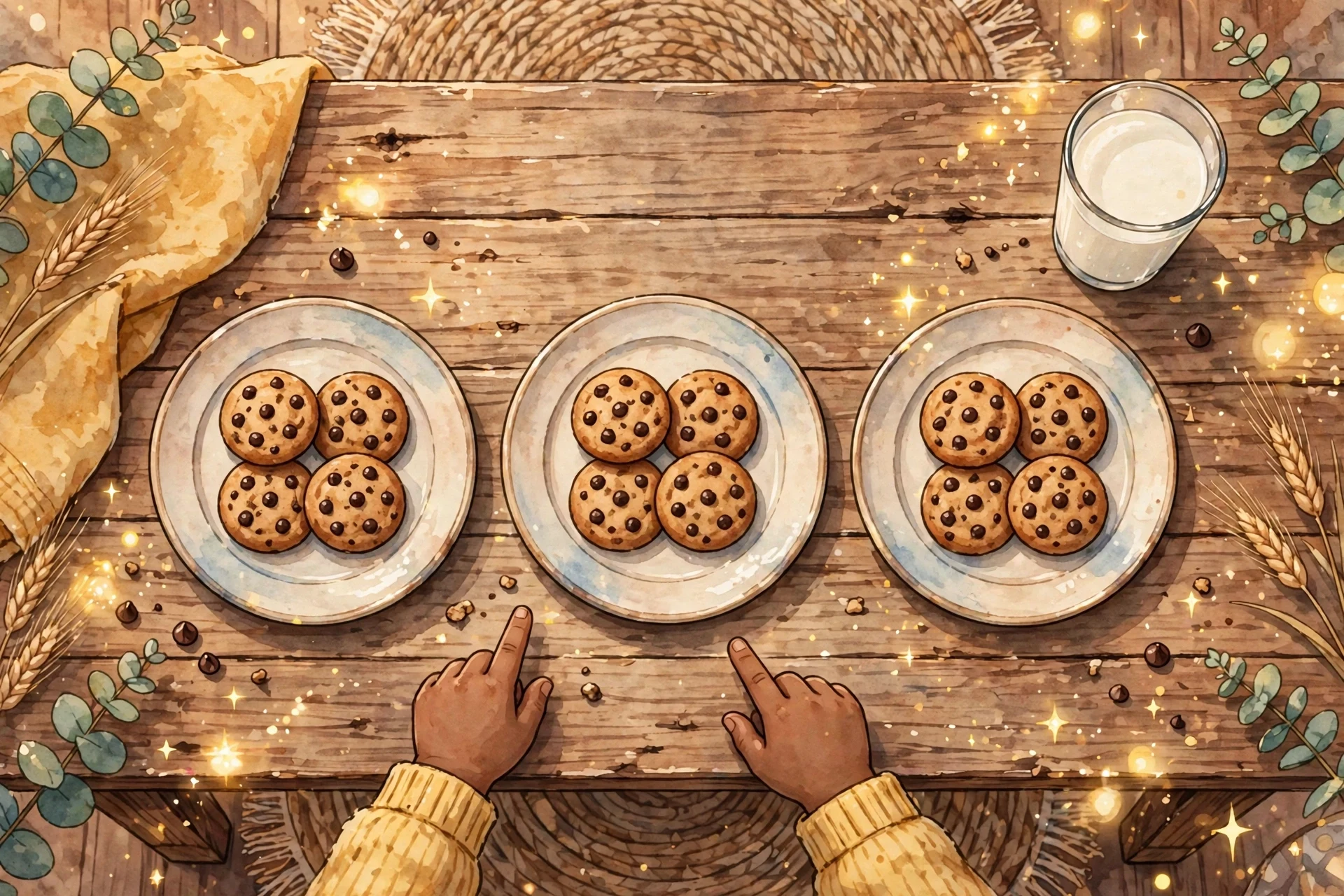 Three plates each holding four cookies, showing equal groups as an introduction to multiplication