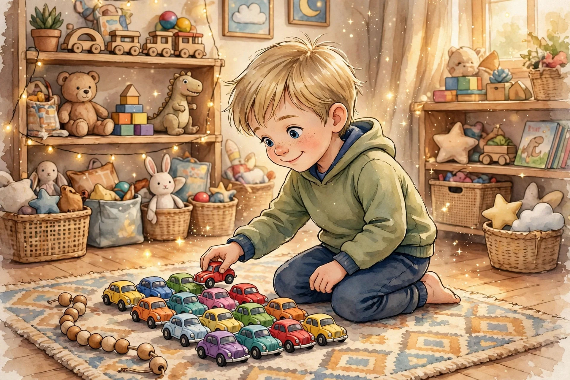 Four toy cars each carrying three passengers, used to show repeated addition leading into multiplication