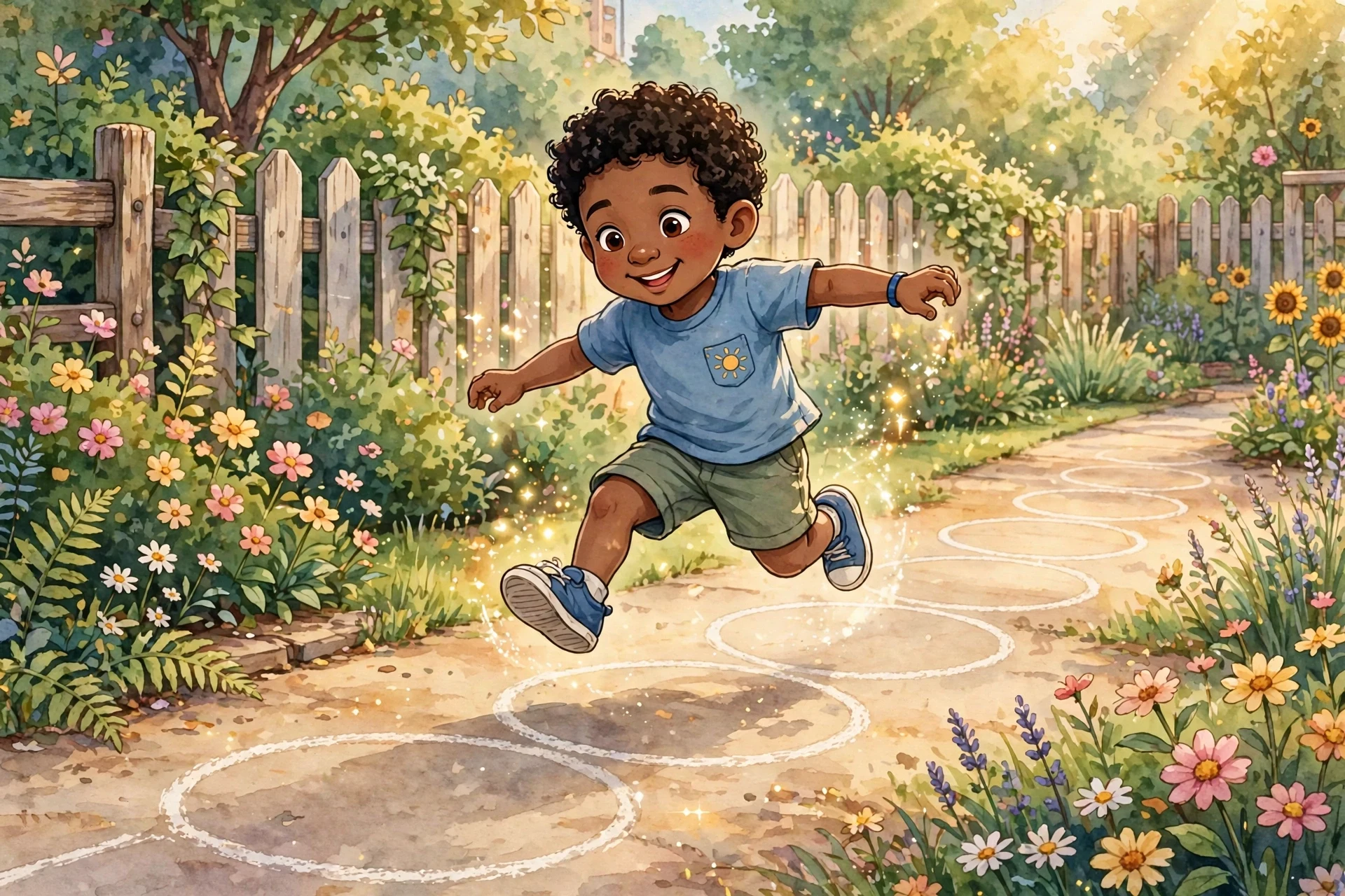 A child hopping along a number line in equal jumps, practicing skip counting by a set number