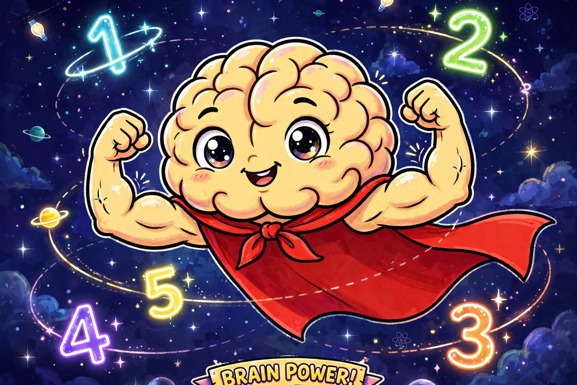 Illustration of a child's brain with sparkles representing memorized multiplication facts