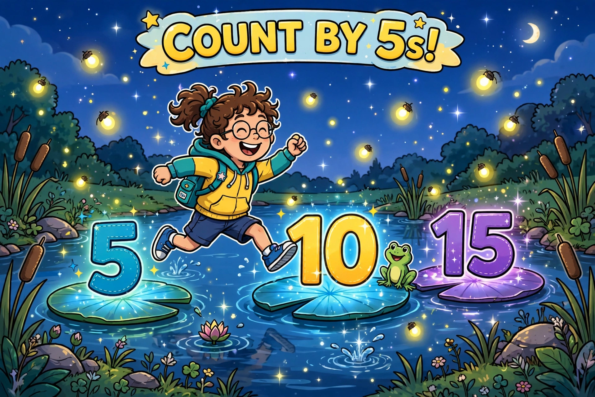 Child hopping across stepping stones while skip counting a times table