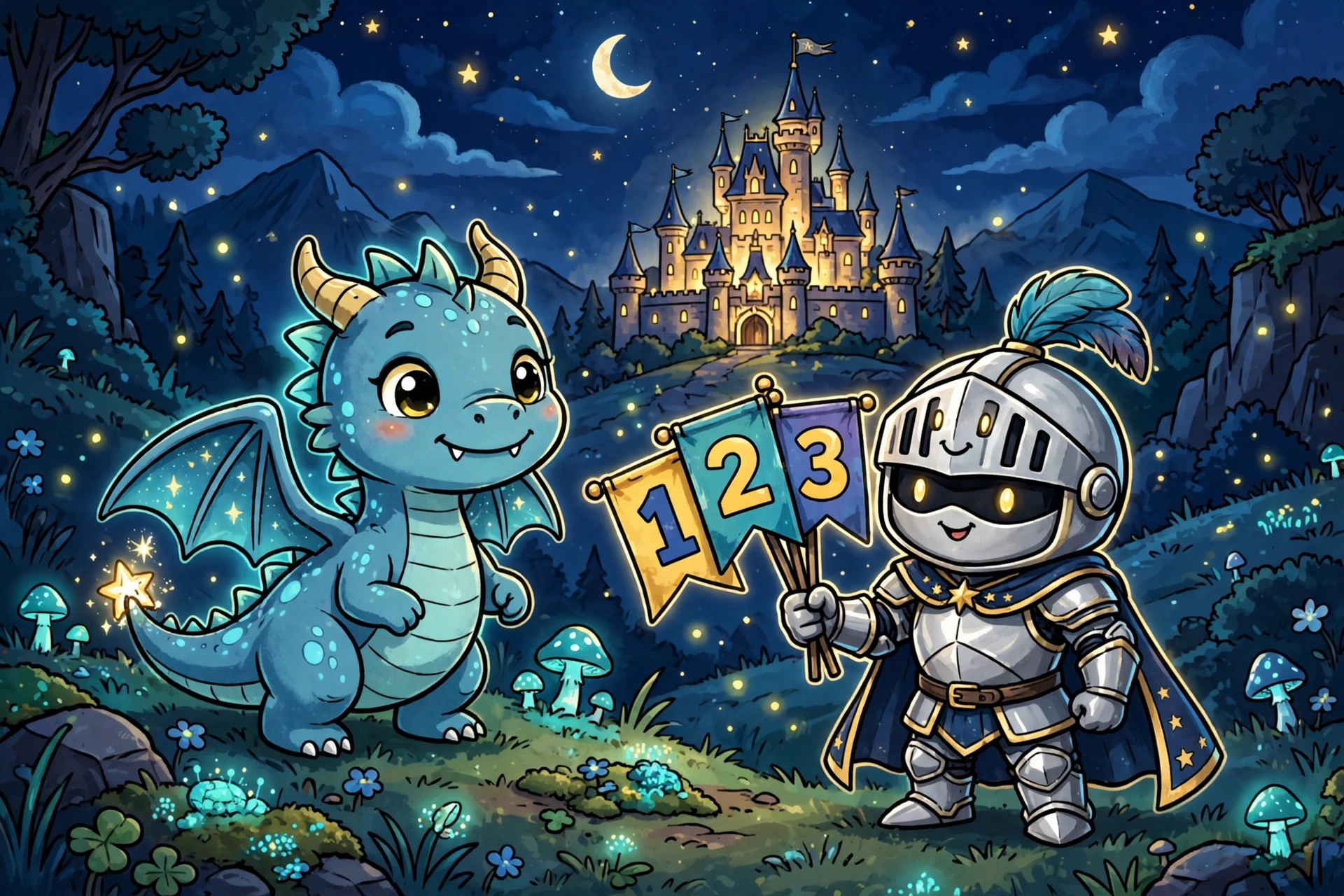 Colorful story characters representing a multiplication mnemonic for kids
