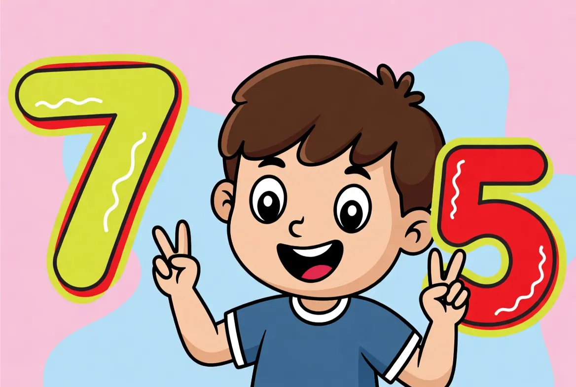 Excited boy showing finger tricks for the 7 times table with big smile