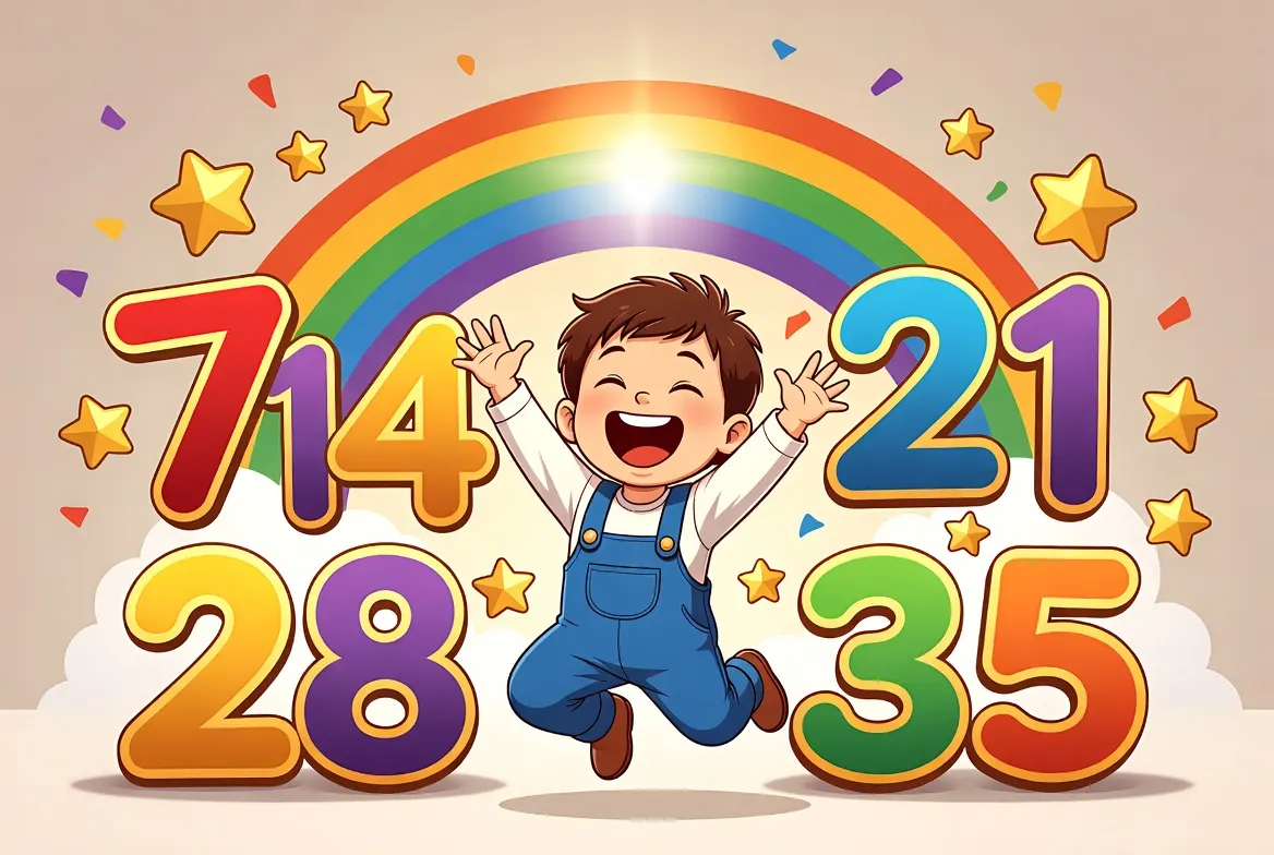 Joyful child celebrating times tables mastery with stars, rainbow and multiplication numbers