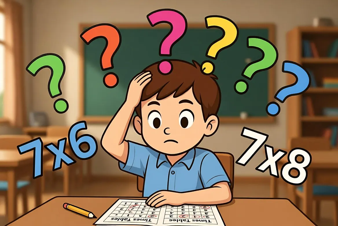 Frustrated young boy looking confused at 7 times table worksheet with floating question marks