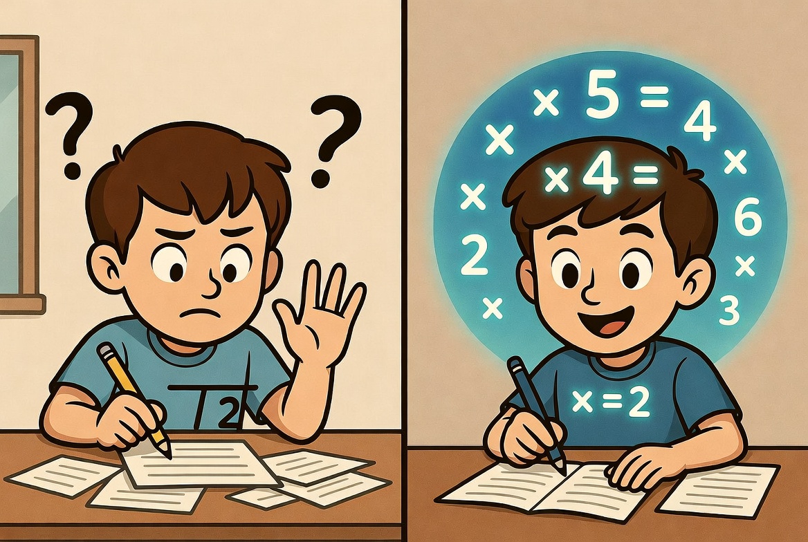 Child confidently solving math problems, showing the benefit of long-term times tables memory