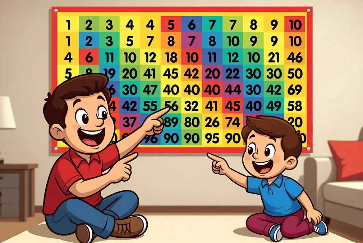 Smiling parent and child happily practicing multiplication together on a colorful grid