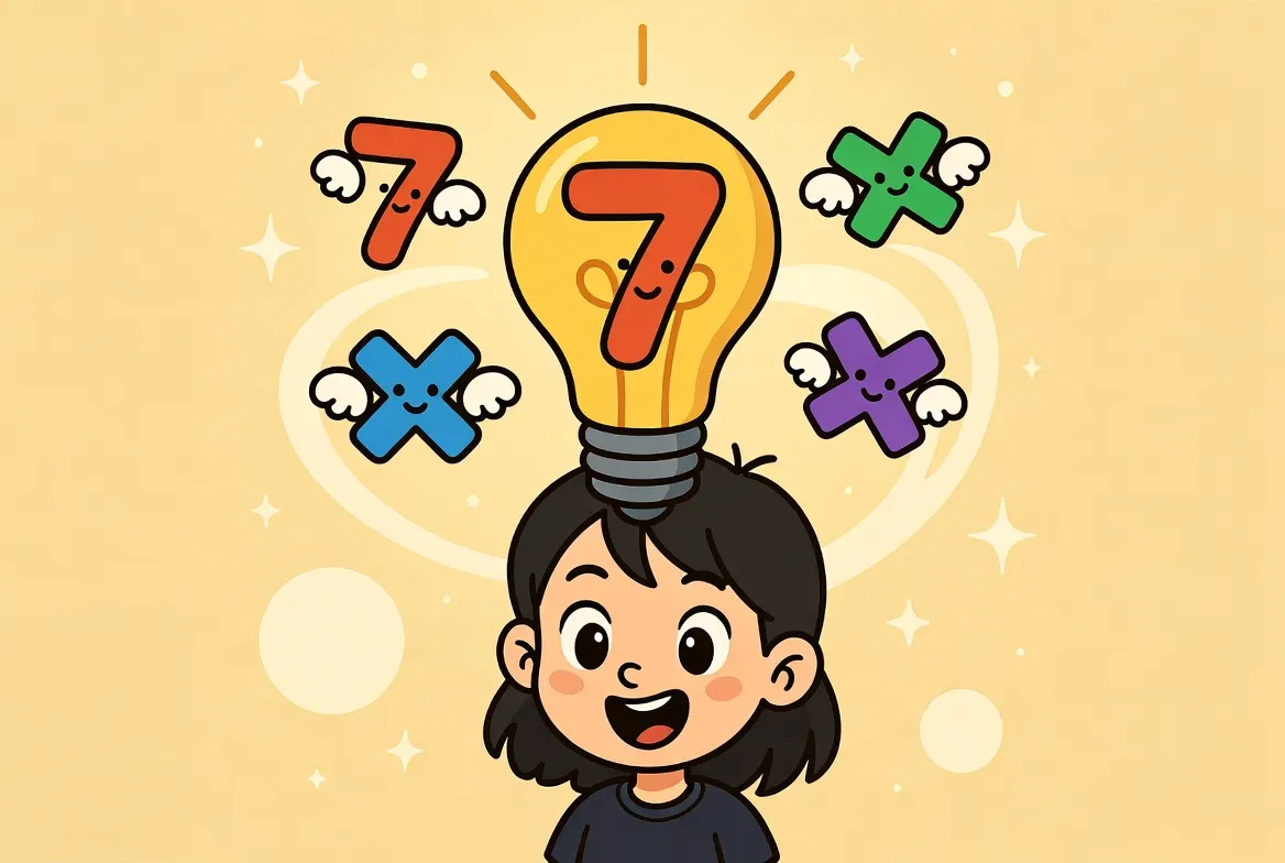Happy child having a bright idea with many 7s and multiplication symbols around