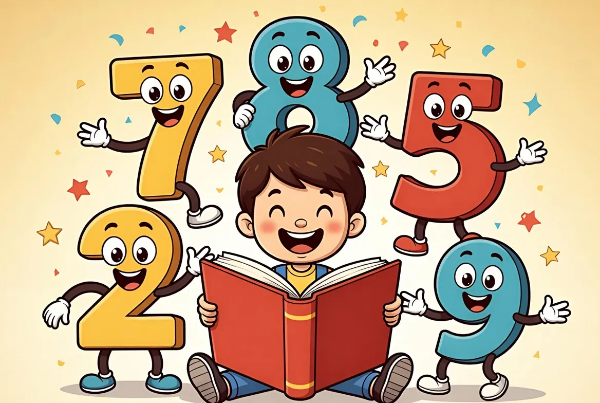 Colorful cartoon numbers with faces and happy child reading a book about times tables