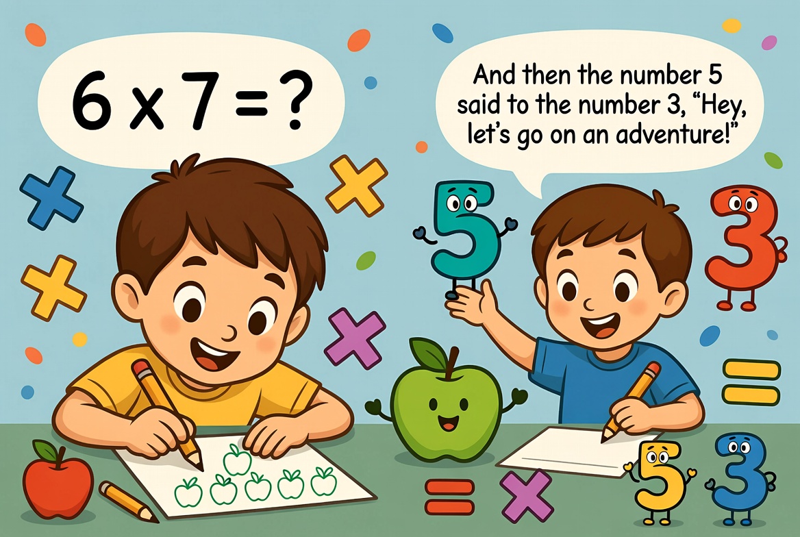 Child drawing colorful times tables with markers and crayons