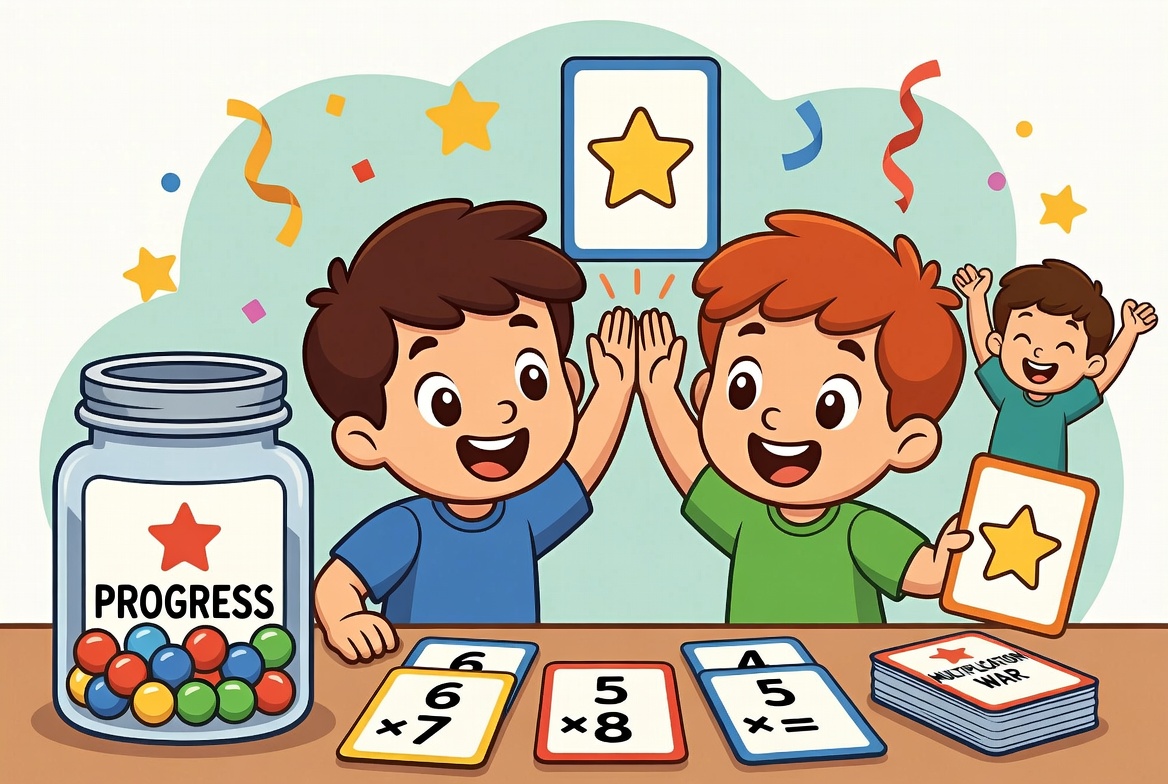 Excited child celebrating 5-star rating on multiplication progress chart