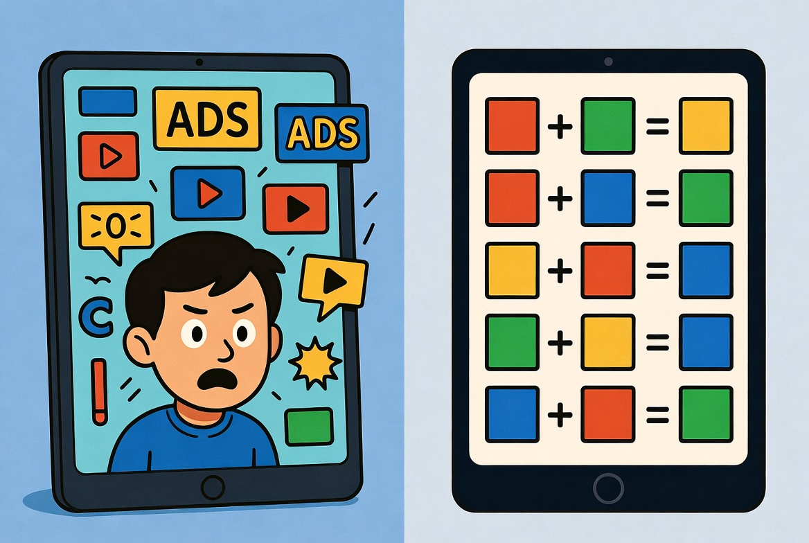 Child distracted by pop-up ads and flashing banners on a typical math learning app
