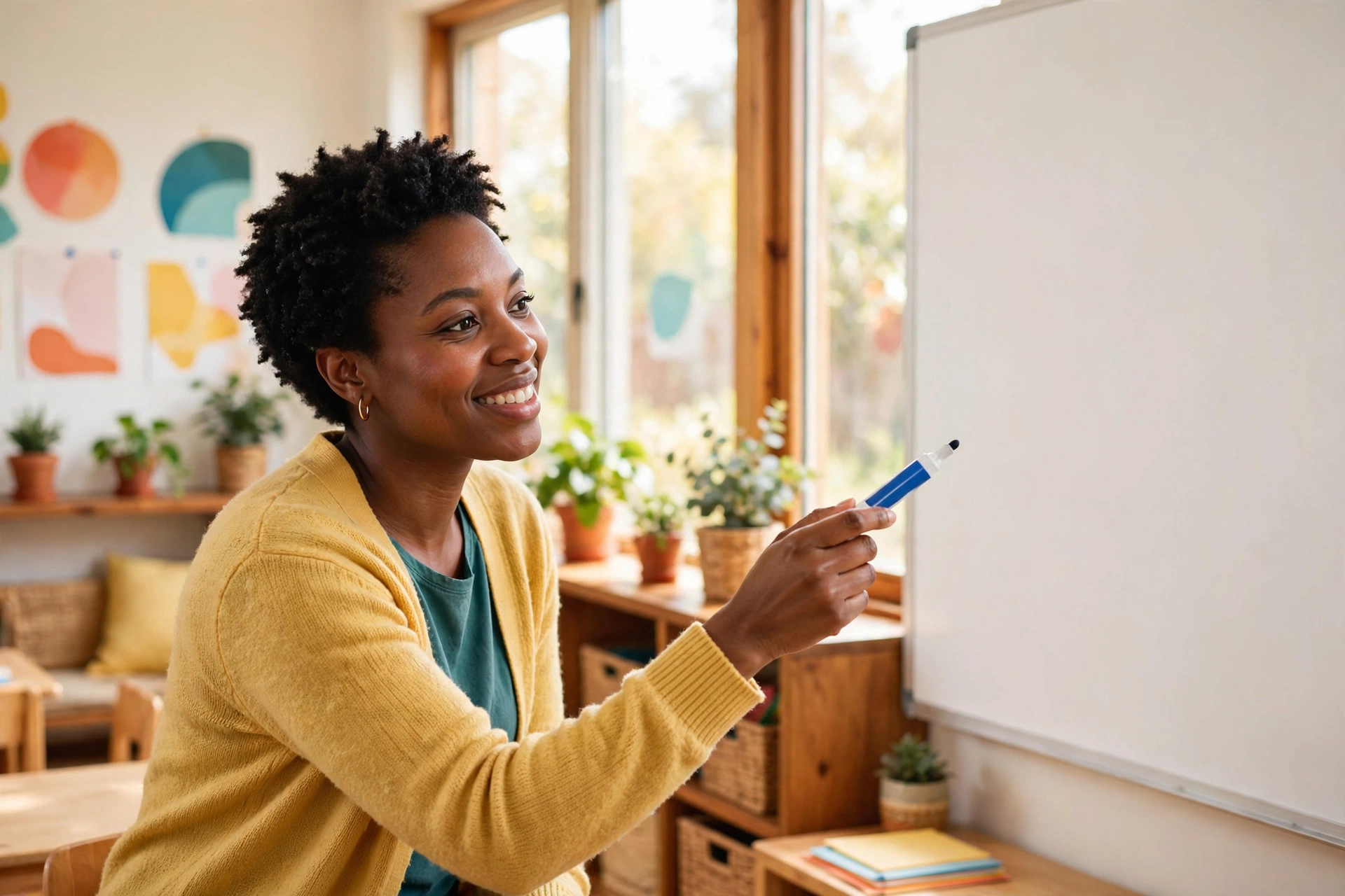 Teacher helping a child work through a multiplication problem on a whiteboard instead of guessing