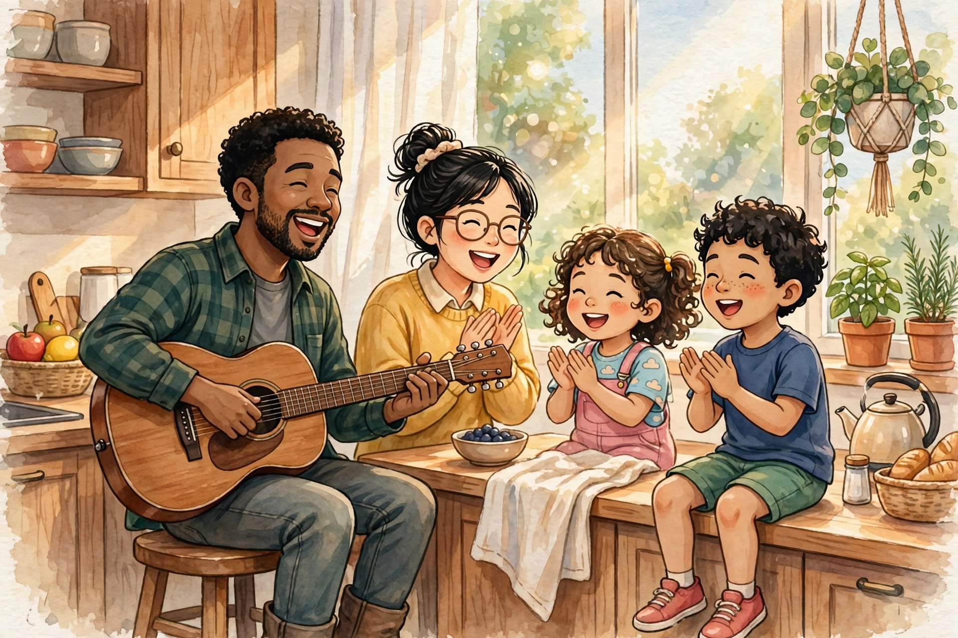 Family singing along to a multiplication song together in the kitchen