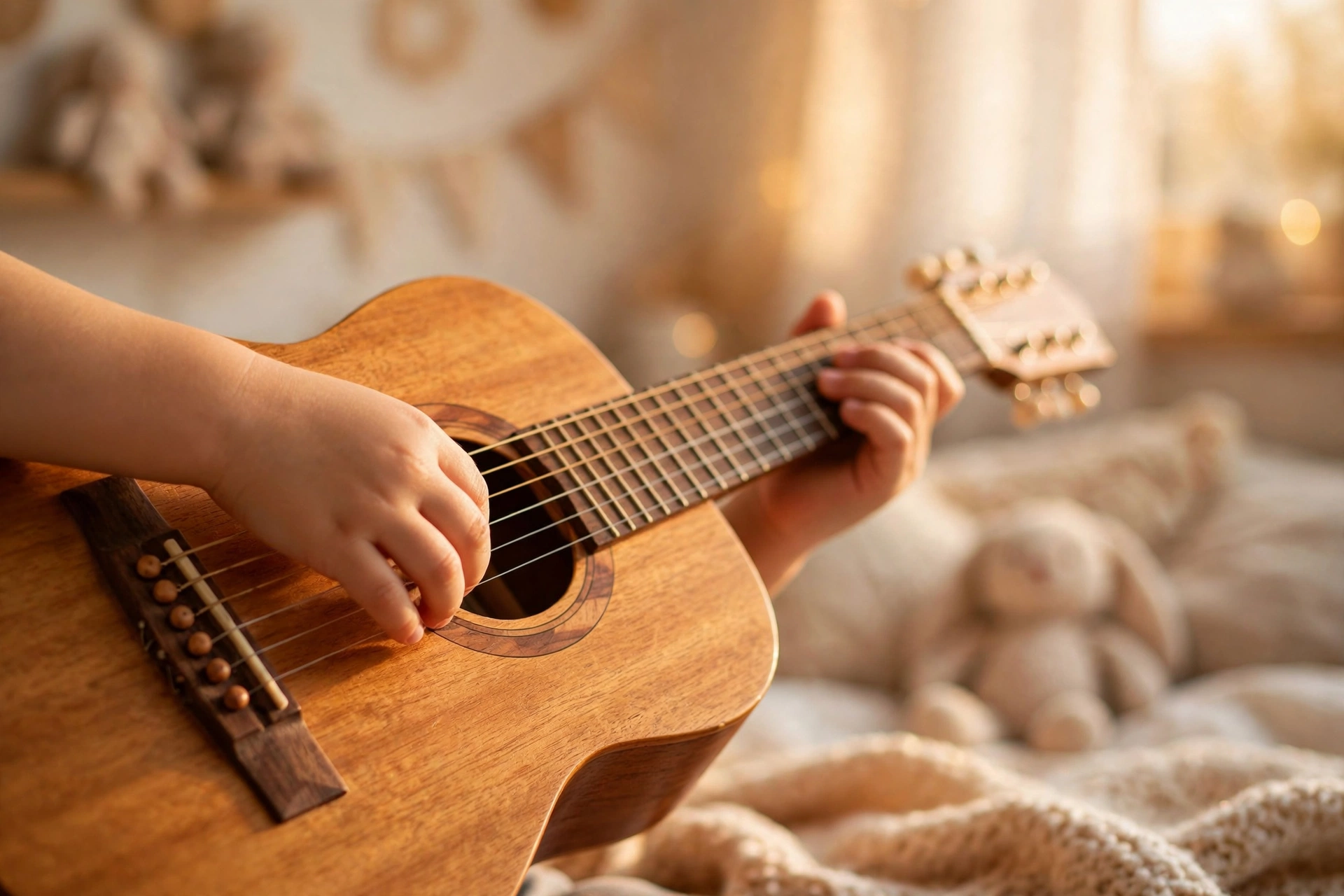 Child with a guitar during multiplication song learning time