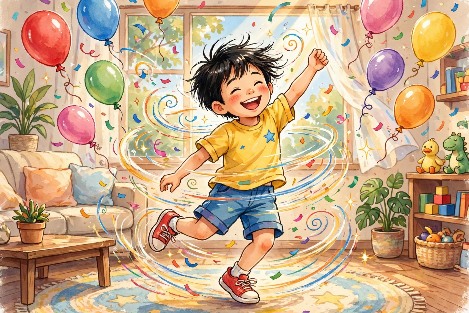 Child dancing among floating numbers representing multiplication facts