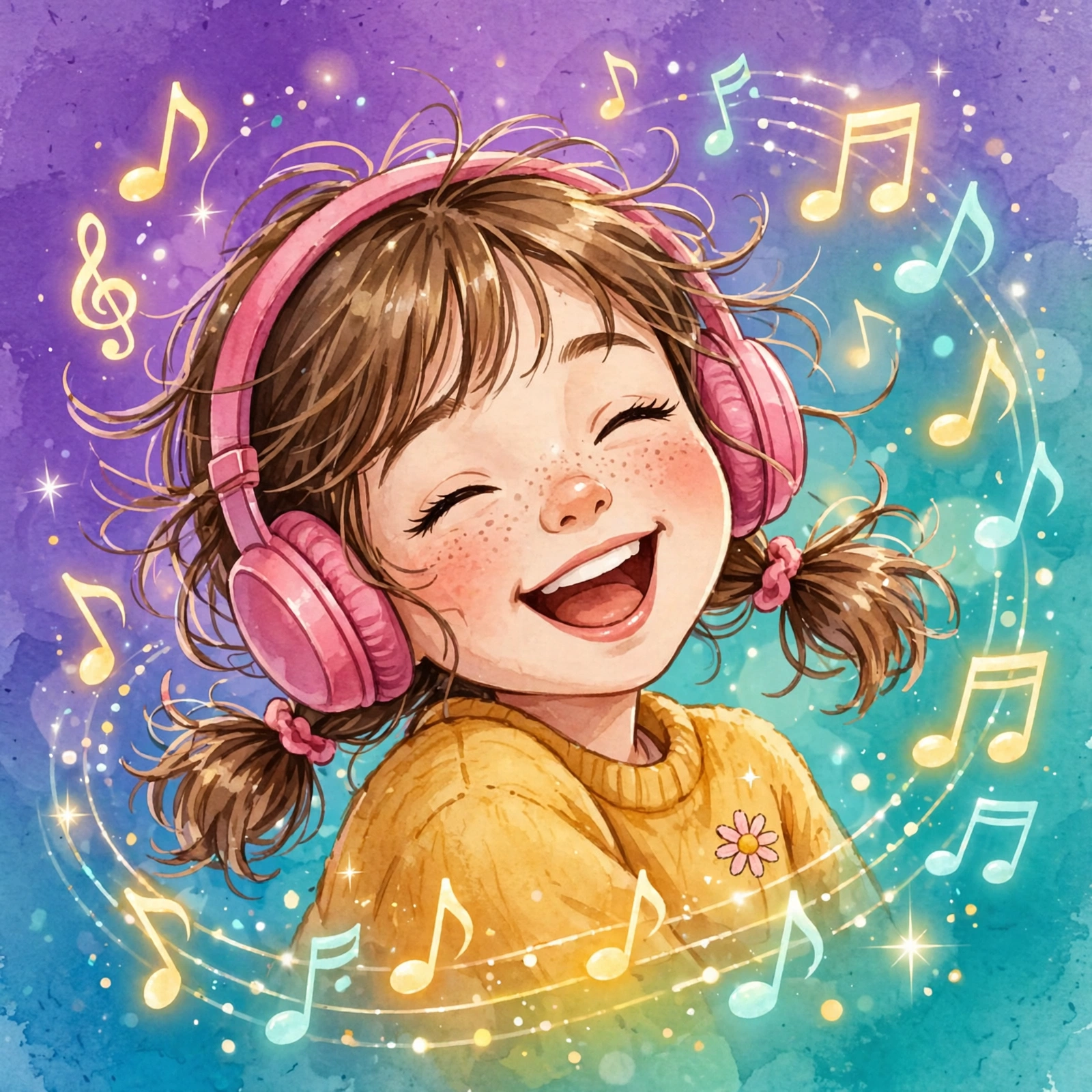 Child wearing headphones and singing along to a multiplication song