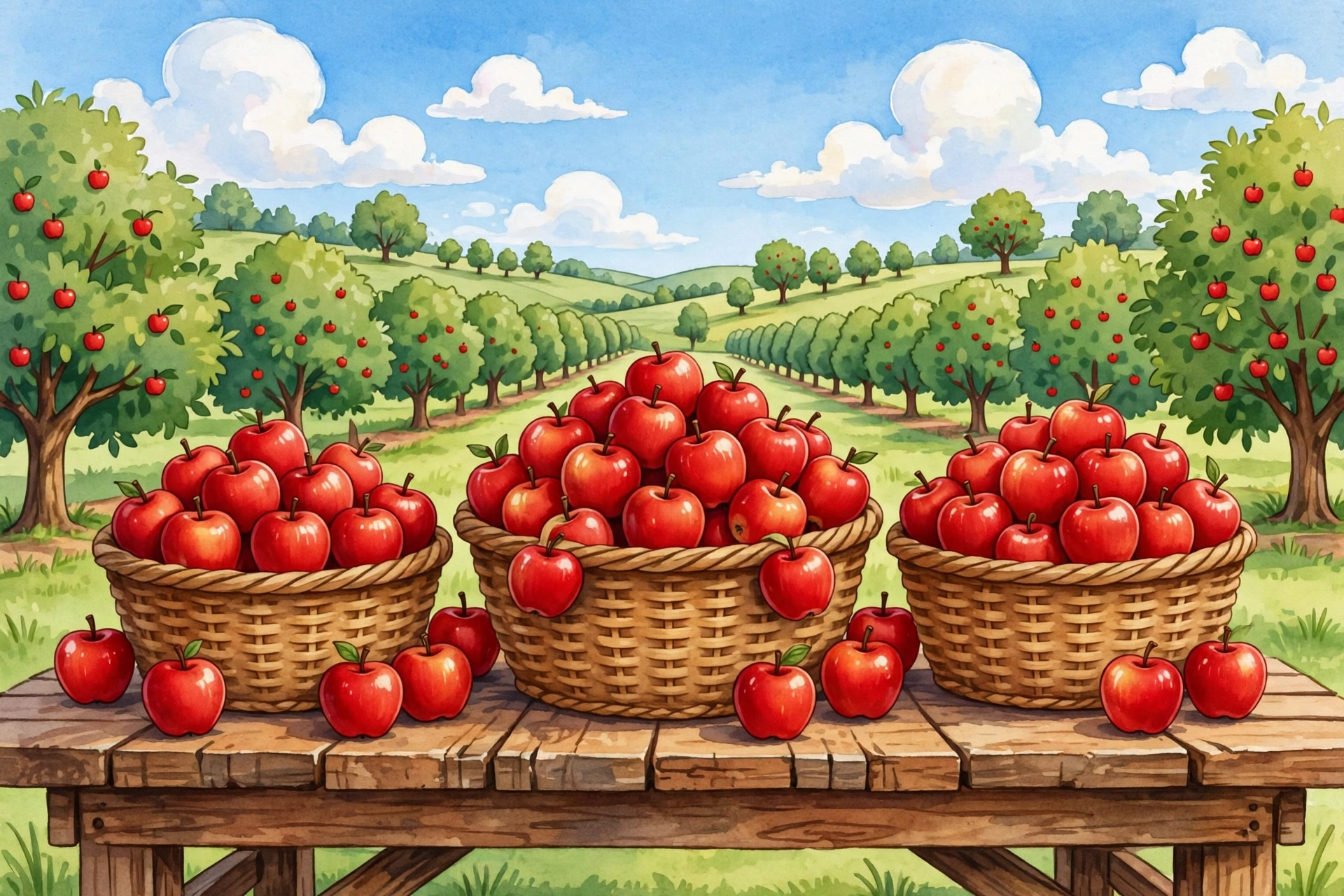 Apples sorted into equal baskets to illustrate a multiplication word problem