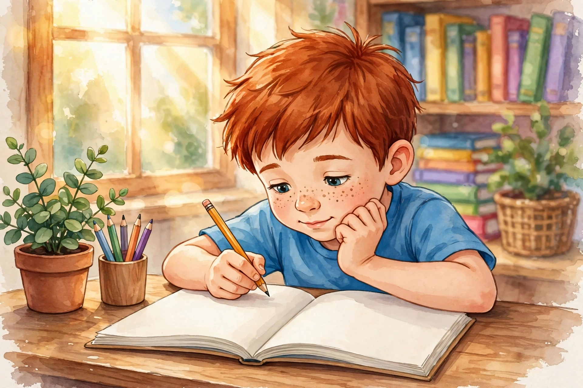 Child reading a multiplication word problem in a math workbook