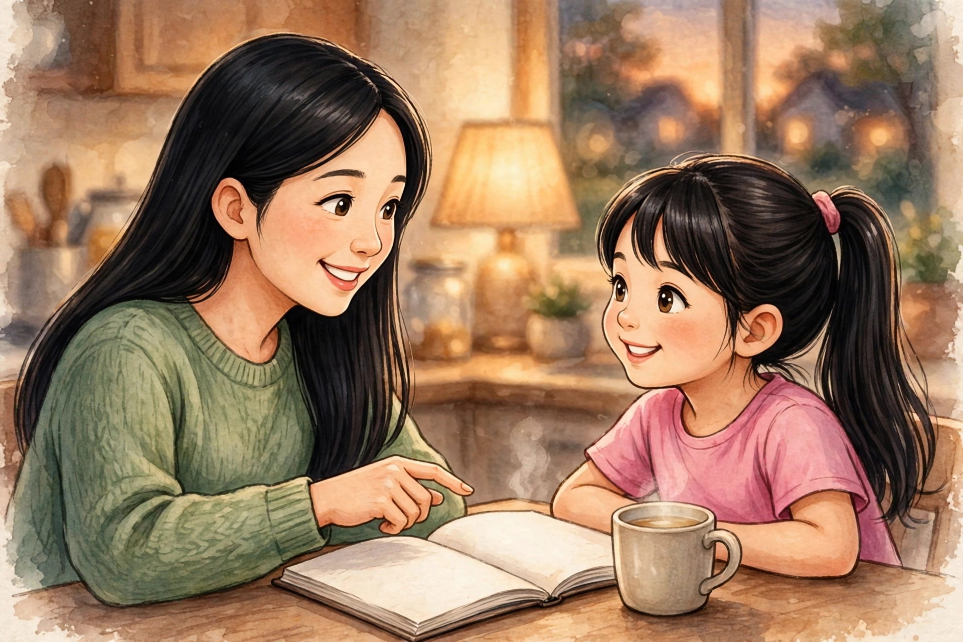 Parent helping a child work through a multiplication word problem at home
