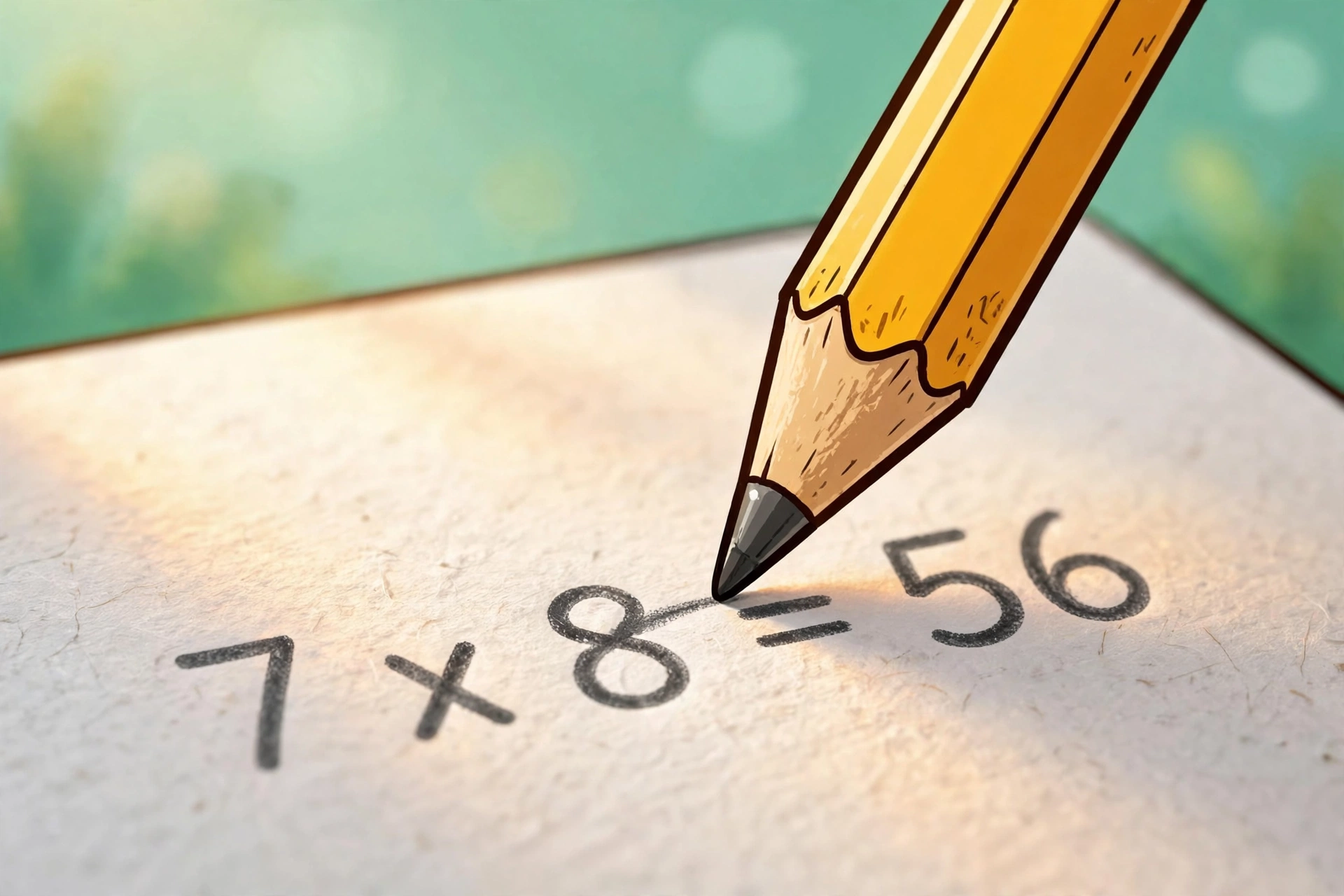 Child using a pencil to solve multiplication problems on a worksheet