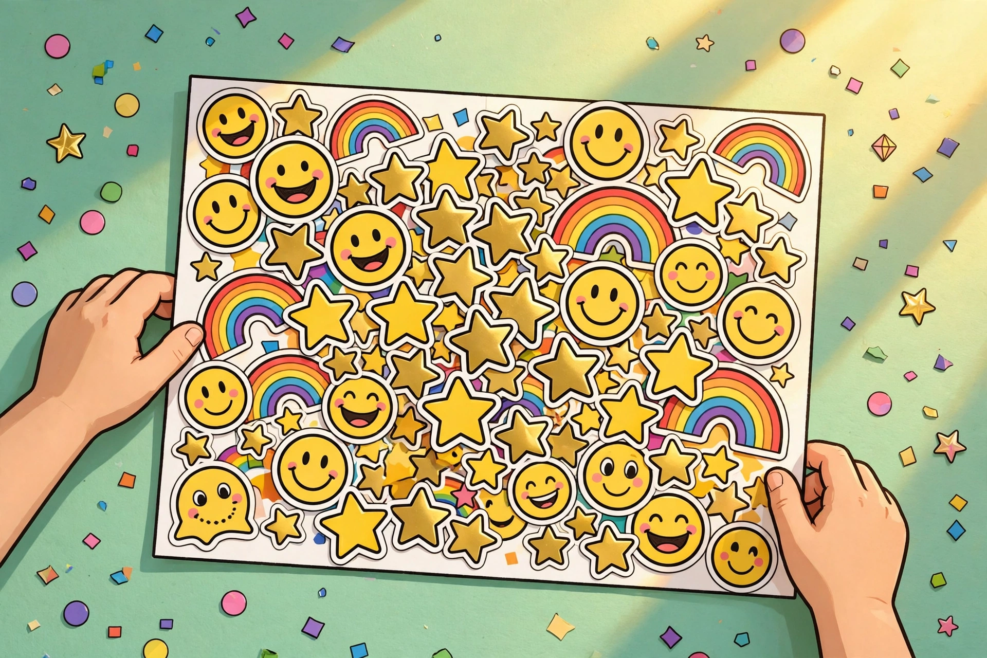 Child celebrating with stickers after finishing a multiplication worksheet