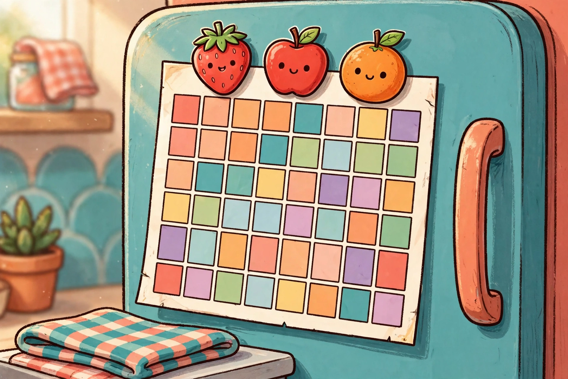 Printable multiplication chart taped to a refrigerator at kid height
