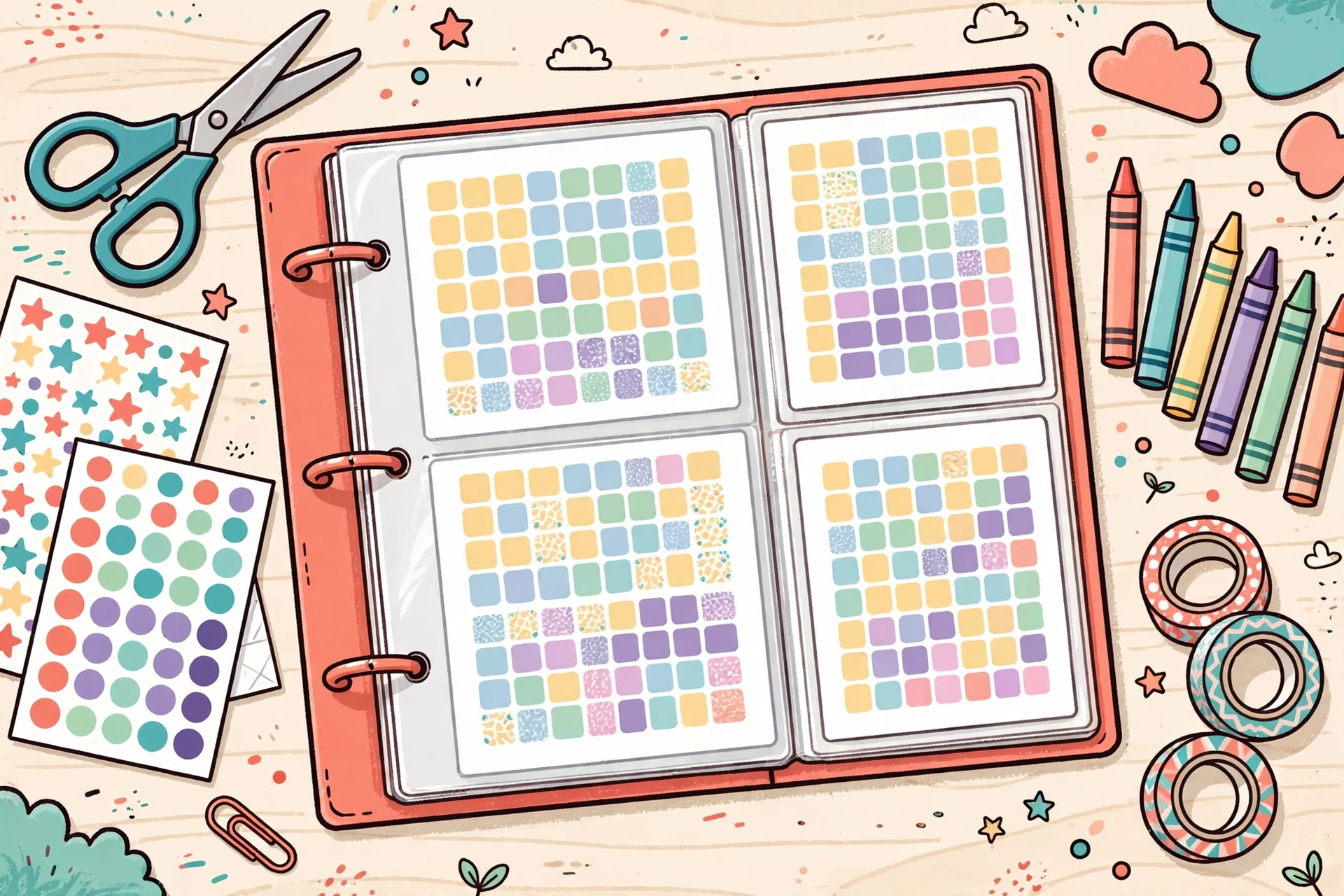 Organized binder of printable multiplication charts and worksheets with labeled dividers