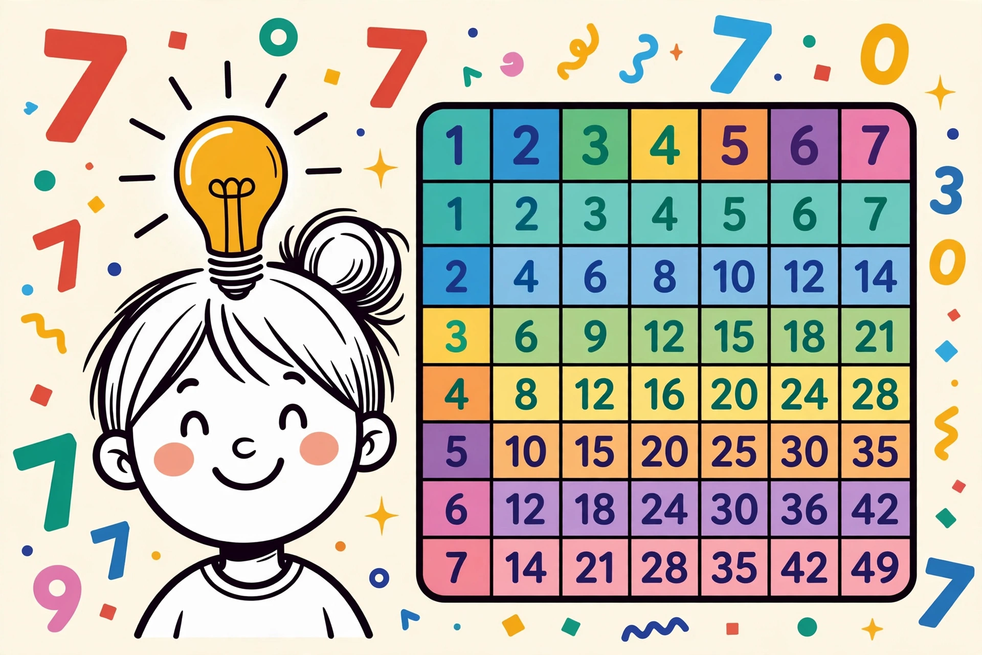 Close-up of a color-coded multiplication chart grid showing rows and columns