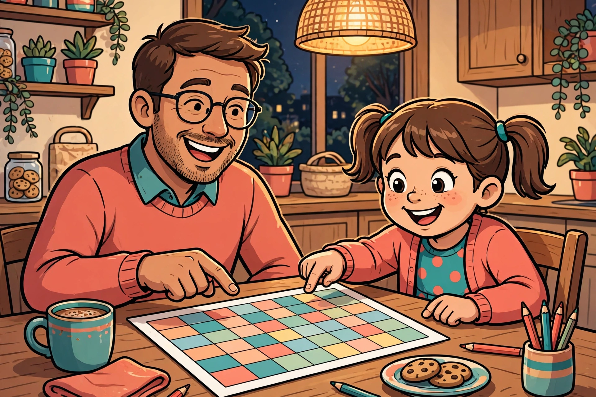 Parent and child pointing at a multiplication chart together at the kitchen table