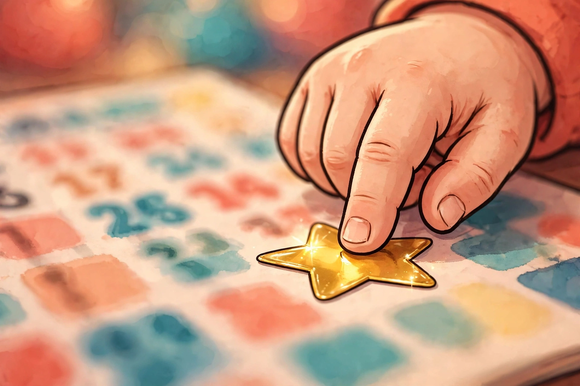 Child placing a gold star sticker on a completed row of a multiplication chart printable