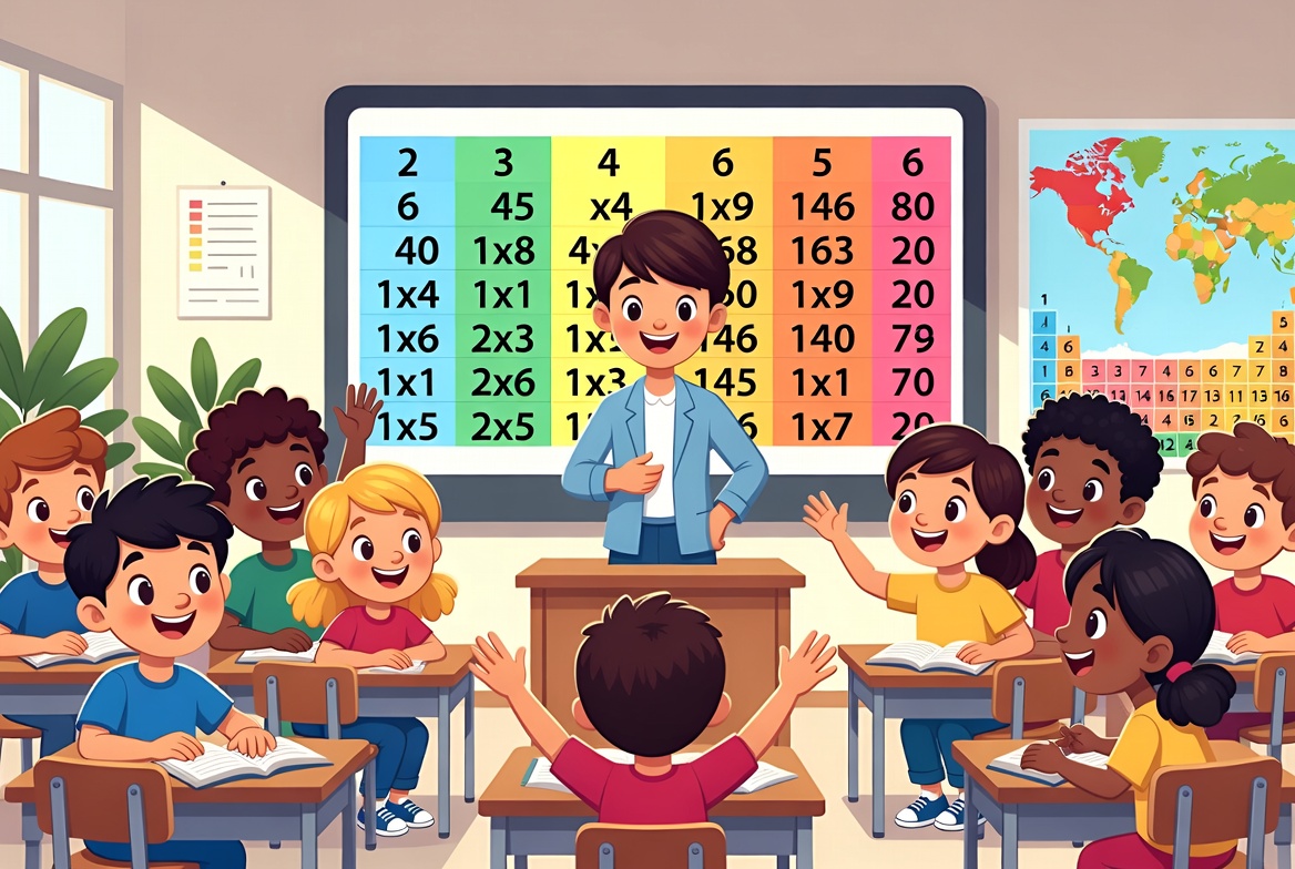 Teacher and students in a classroom using a color-coded times tables grid on a projector screen
