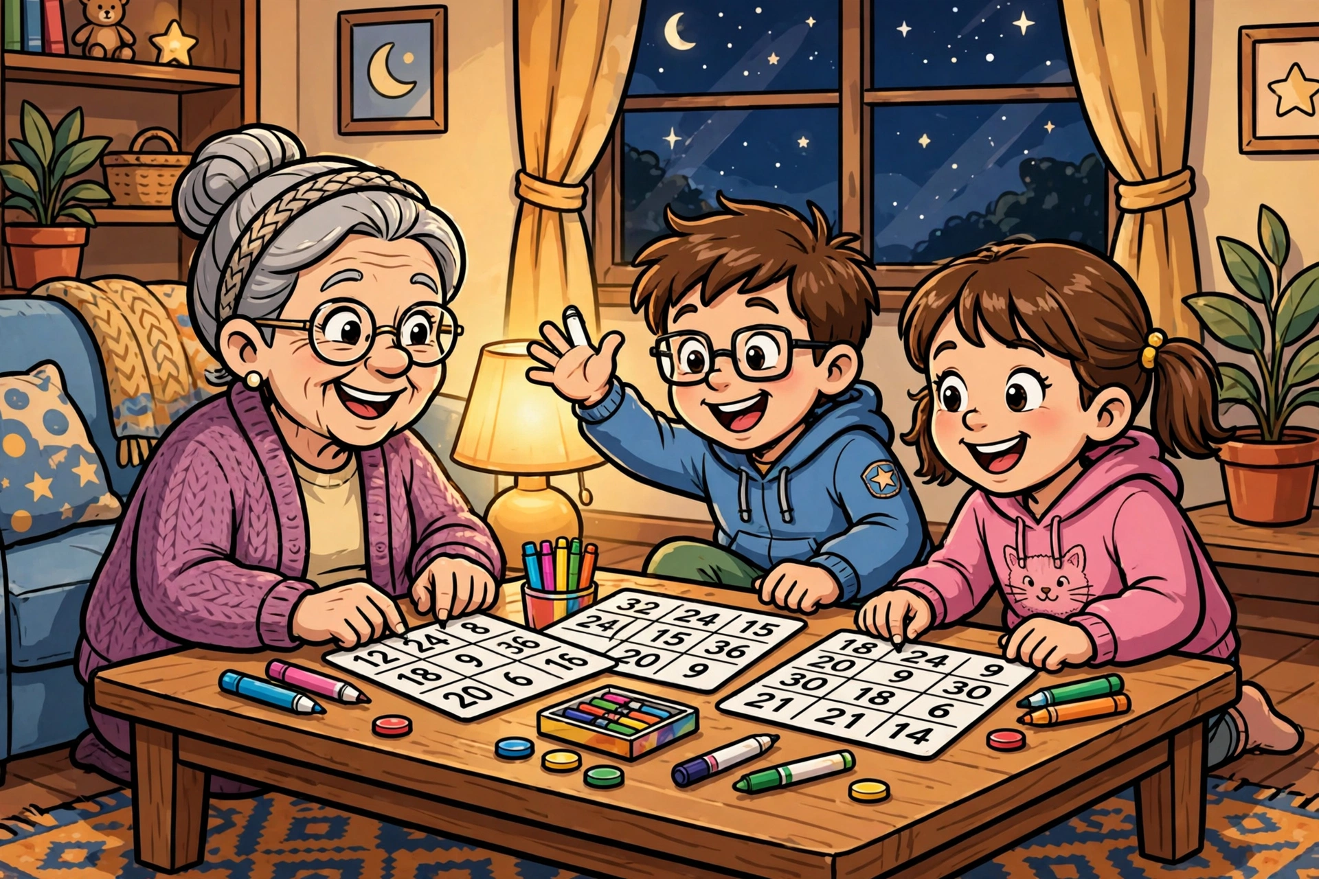Family playing multiplication bingo together at family game night